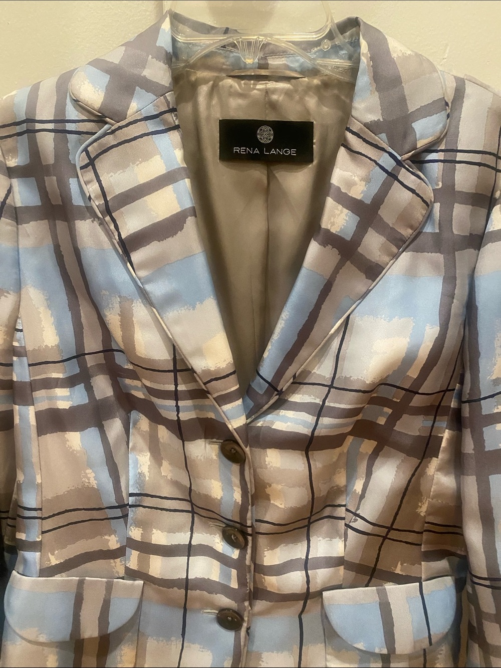 Rena Lange Light Blue and Gray Plaid Satin-Effect Blazer - Picture 2 of 7